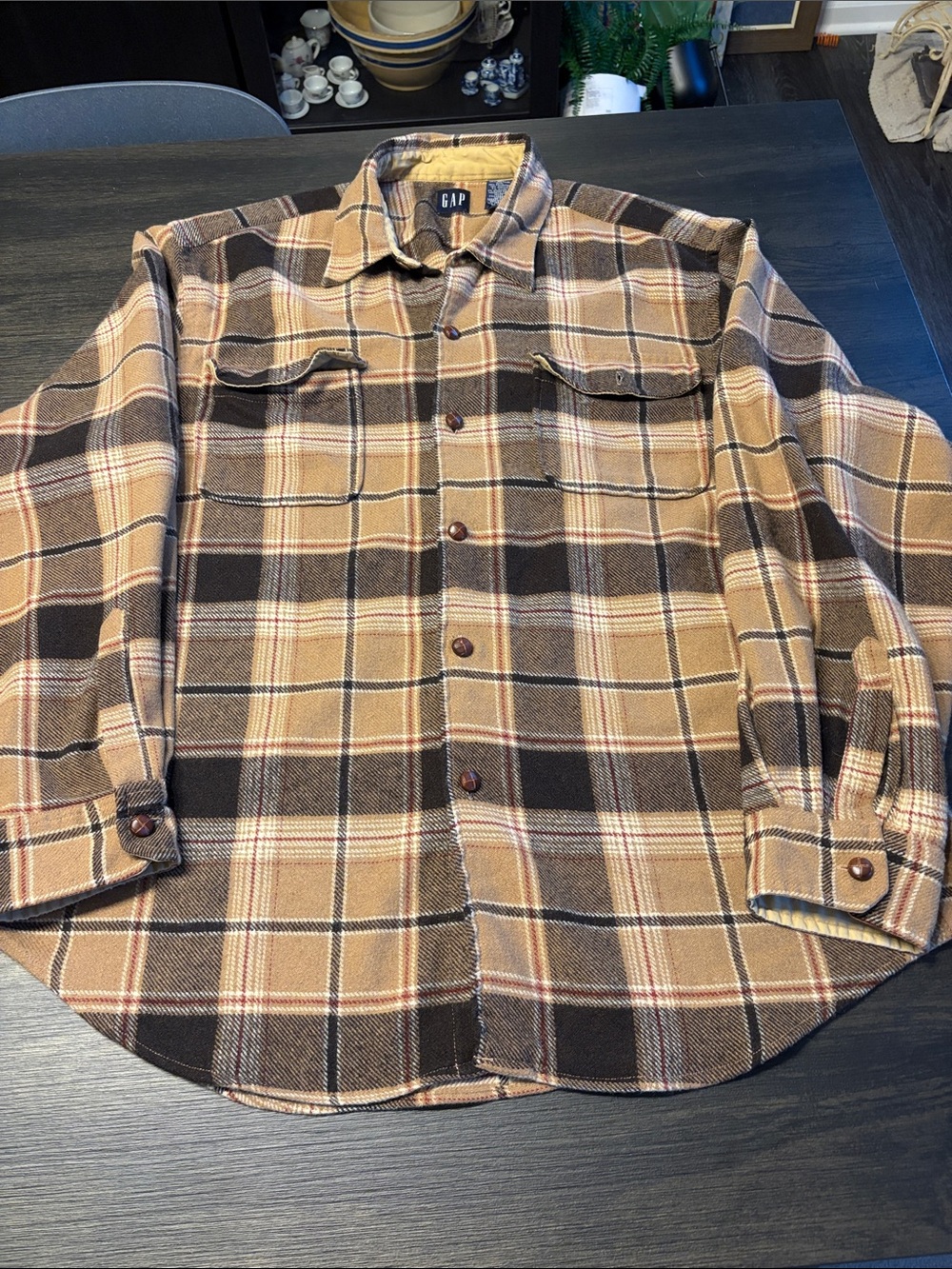 Vintage Gap Wool Blend Plaid Flannel Shacket XL Brown Coffee Basketweave Button